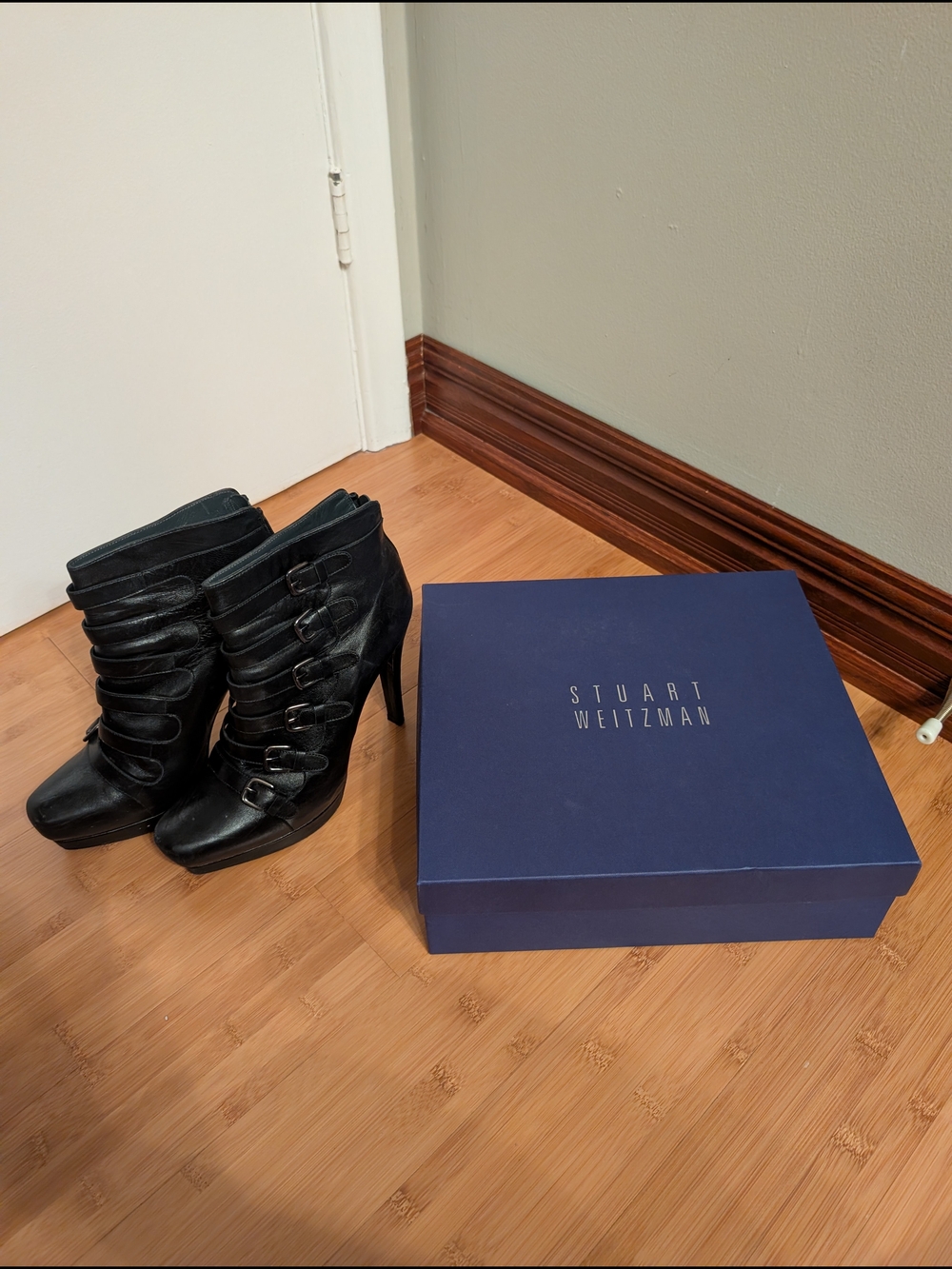 Stuart Weitzman Black Buckled Leather High-Heel Ankle Bootie - Picture 3 of 10